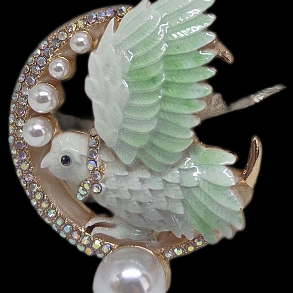 Elegant Green and White Bird Brooch
